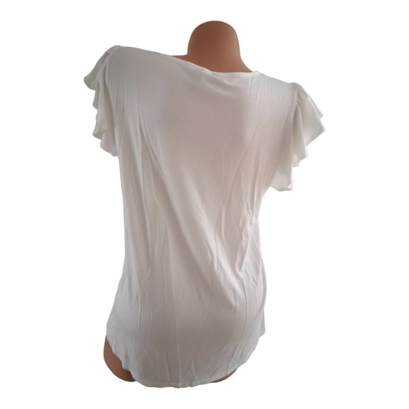 White Cable and Gouge Viscose Flutter Sleeves Tshirt Top XL - Picture 2 of 3